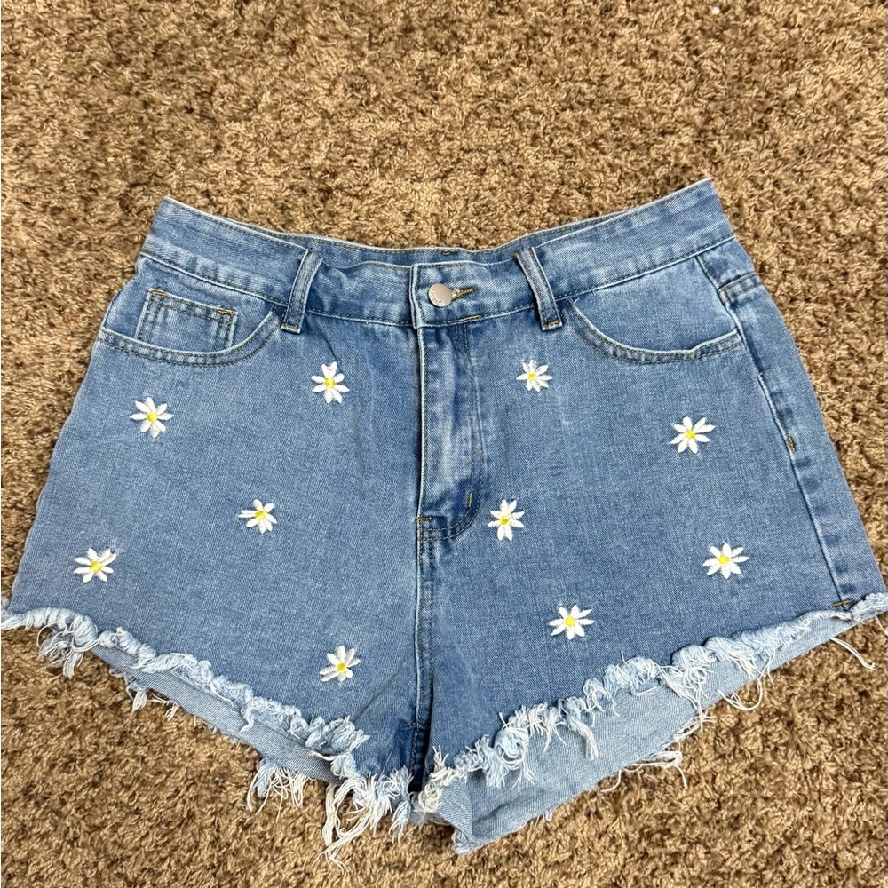SHEIN Blue Denim Shorts with Daisy Embroidery